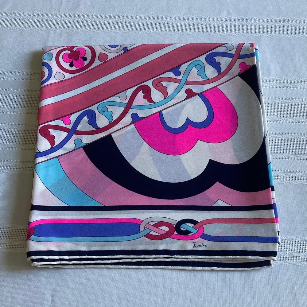 Vintage Emilio Pucci Pink and Blue Patterned Silk Scarf 35x35”